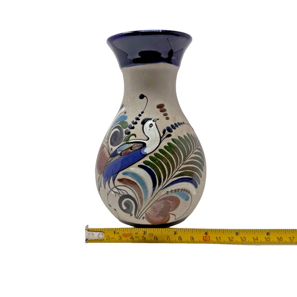 Vintage Tonala Mexican Pottery Vase Bird Floral Design Signed Folk Art 6.5” EUC - Picture 6 of 14